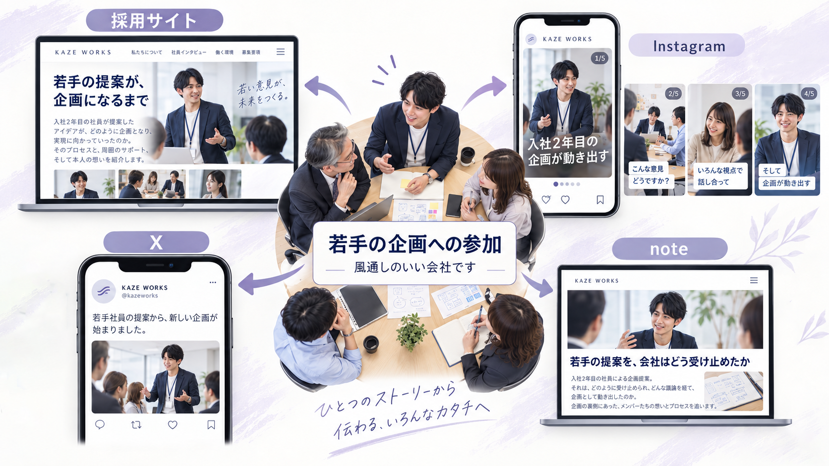 ひとつの「若手の企画への参加」というテーマを、採用サイト・Instagram・X・noteへ展開した例