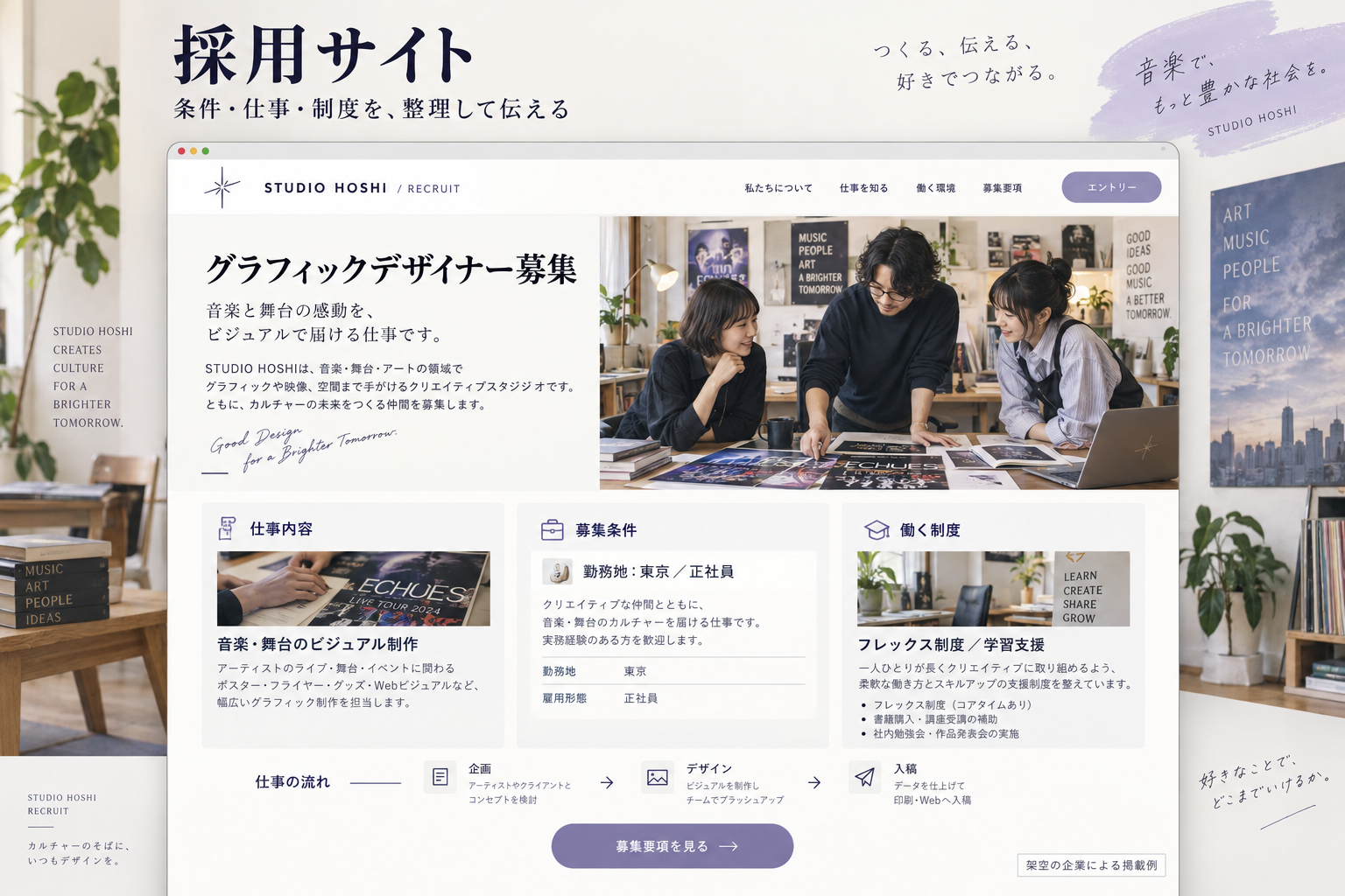 架空のデザイン会社の採用サイト掲載例